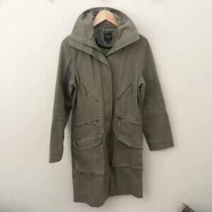 LINDEX | Khaki Green Utility Trench jacket Coat Long Line Zip Bomull Cotton | 36